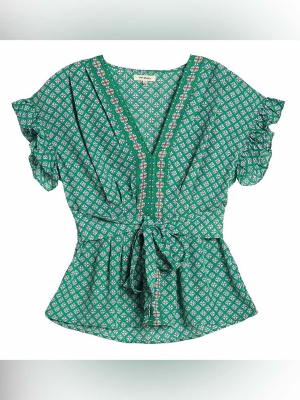Max Studio Green Printed V-Neck Tie-Front blouse